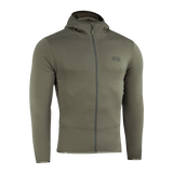 M-Tac Shadow Polartec Fleece Sweatshirt med lav profil hætte, slidstærk Power Stretch Pro fleece i oliven farve.