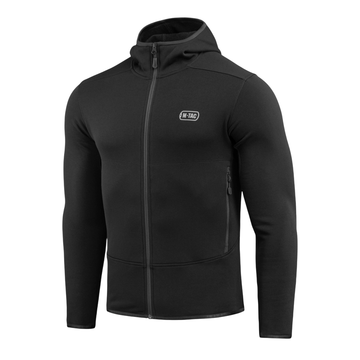 Sort M-Tac Shadow Polartec Fleece Sweatshirt med lav profil hætte og fuld lynlås, fremstillet af Power Stretch Pro fleece.