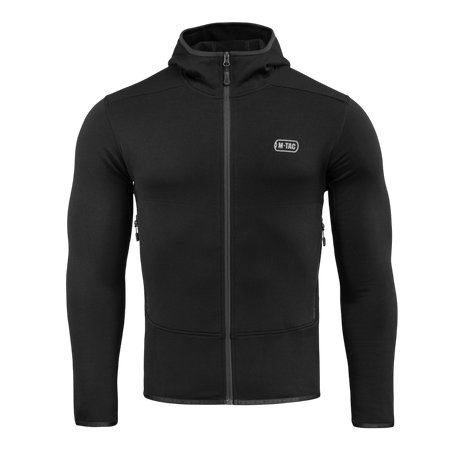 M-Tac Shadow Polartec Fleece Sweatshirt i sort med hætte og lynlås, fremstillet af slidstærkt Power Stretch Pro fleece. Perfekt til varme.