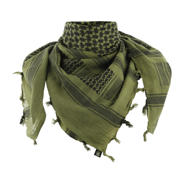 M-Tac Shemagh Tørklæde i olivengrønt mønster, 100% bomuld, størrelse 110x110 cm, til beskyttelse mod sol, sand og vind. Perfekt til udendørsbrug.