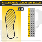 Størrelsesguide for Tactical Sneakers Demi-Season – Let og komfortabel fra M-Tac, vist i CM, EUR og UK skostørrelser.