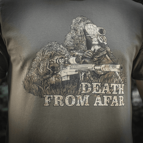 M-Tac Sniper T-shirt med "Death From Afar" print, ideel til militært brug, lavet af holdbart 93% bomuld og 7% elastan for komfort.