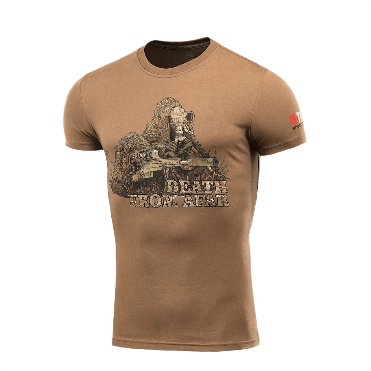 M-Tac Sniper T-shirt med print "Death From Afar", lavet af 93% bomuld og 7% elastan, ideel til snipers og hverdagsbrug.