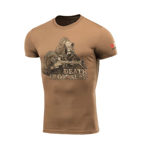M-Tac Sniper T-shirt med print "Death From Afar", lavet af 93% bomuld og 7% elastan, ideel til snipers og hverdagsbrug.