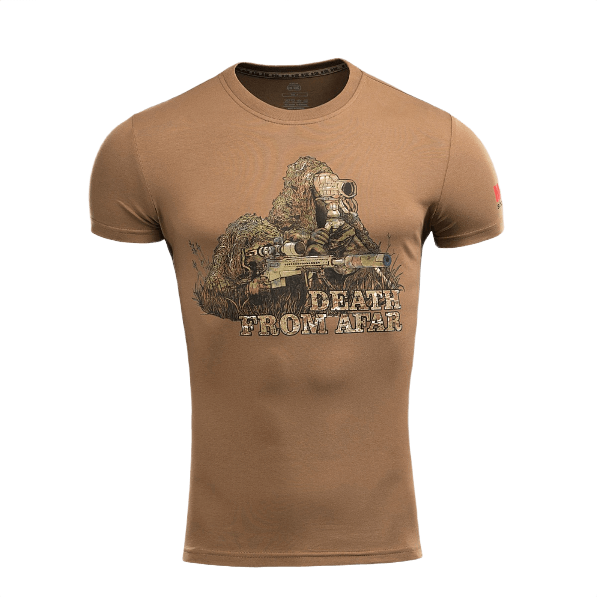 M-Tac Sniper T-shirt med 'Death From Afar' print, 93% bomuld, 7% elastan for holdbarhed og komfort, perfekt til hverdagsbrug og mere.