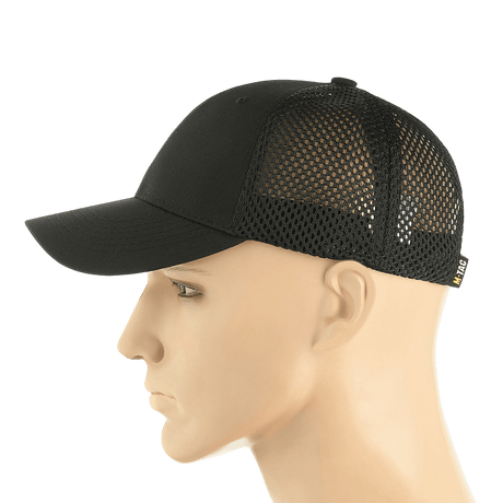 Sort M-Tac Mesh Flex Ripstop Baseball Cap med ripstop-front og mesh-paneler, justerbar Velcro-strop og fast skygge til udendørs brug.