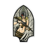M-Tac Sticker Valkyrie med krigsgudinde iført normannisk hjelm og M4 gevær, formet som Arrowhead patch.