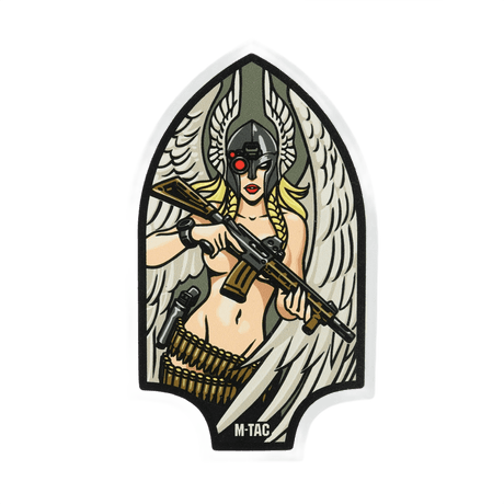 M-Tac Sticker Valkyrie med krigsgudinde iført normannisk hjelm og M4 gevær, formet som Arrowhead patch.