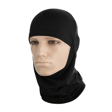 M-Tac Sweating Ninja-Balaclava i sort, beskytter mod støv og fugt, ideel til udendørs aktiviteter, fremstillet af 100% polyester, produceret i Ukraine.