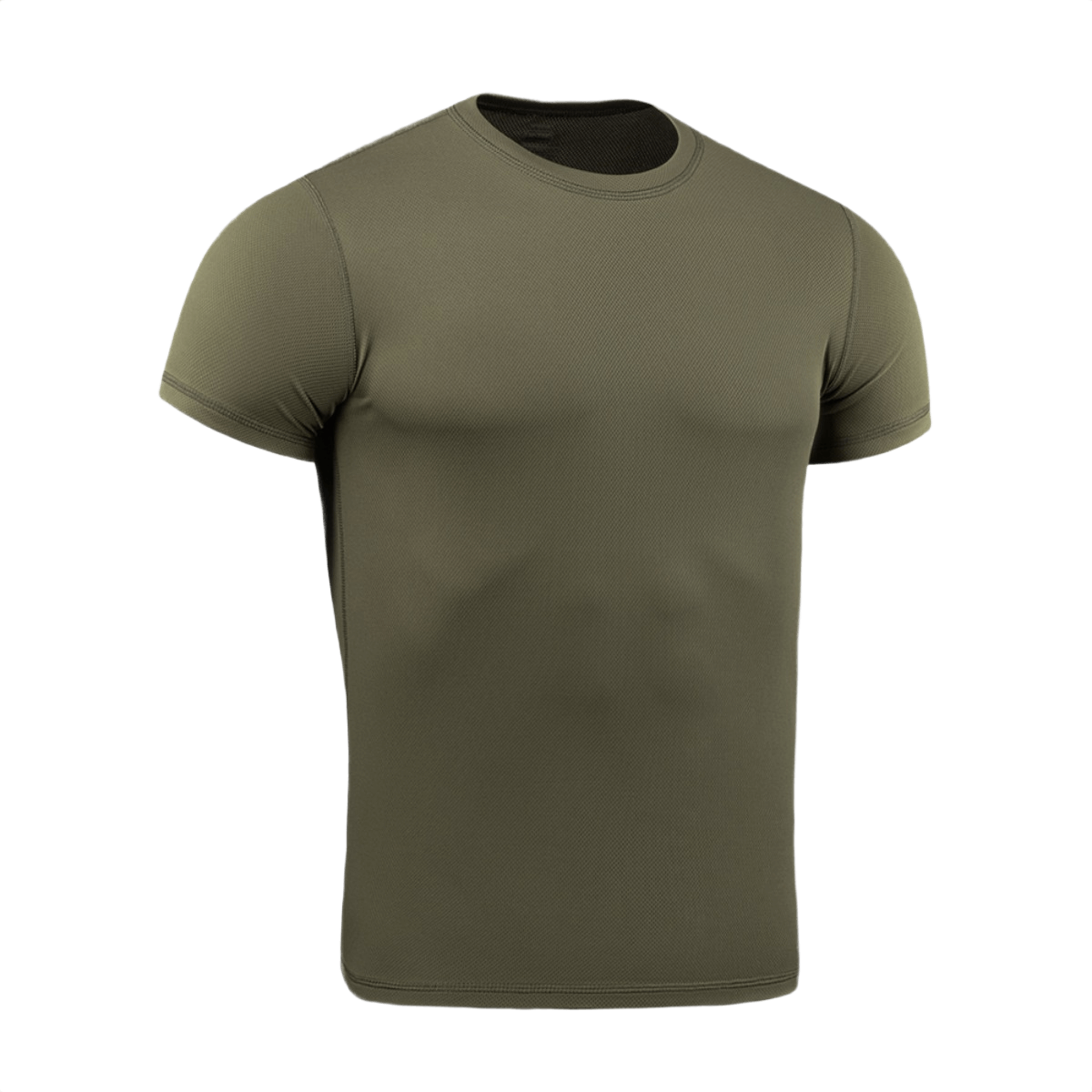 M-Tac Tactical Sweat-Wicking T-Shirt Summer i olivenfarve, 100% polyester, ideel til varme sæsoner, svedtransporterende og hurtigtørrende materiale.
