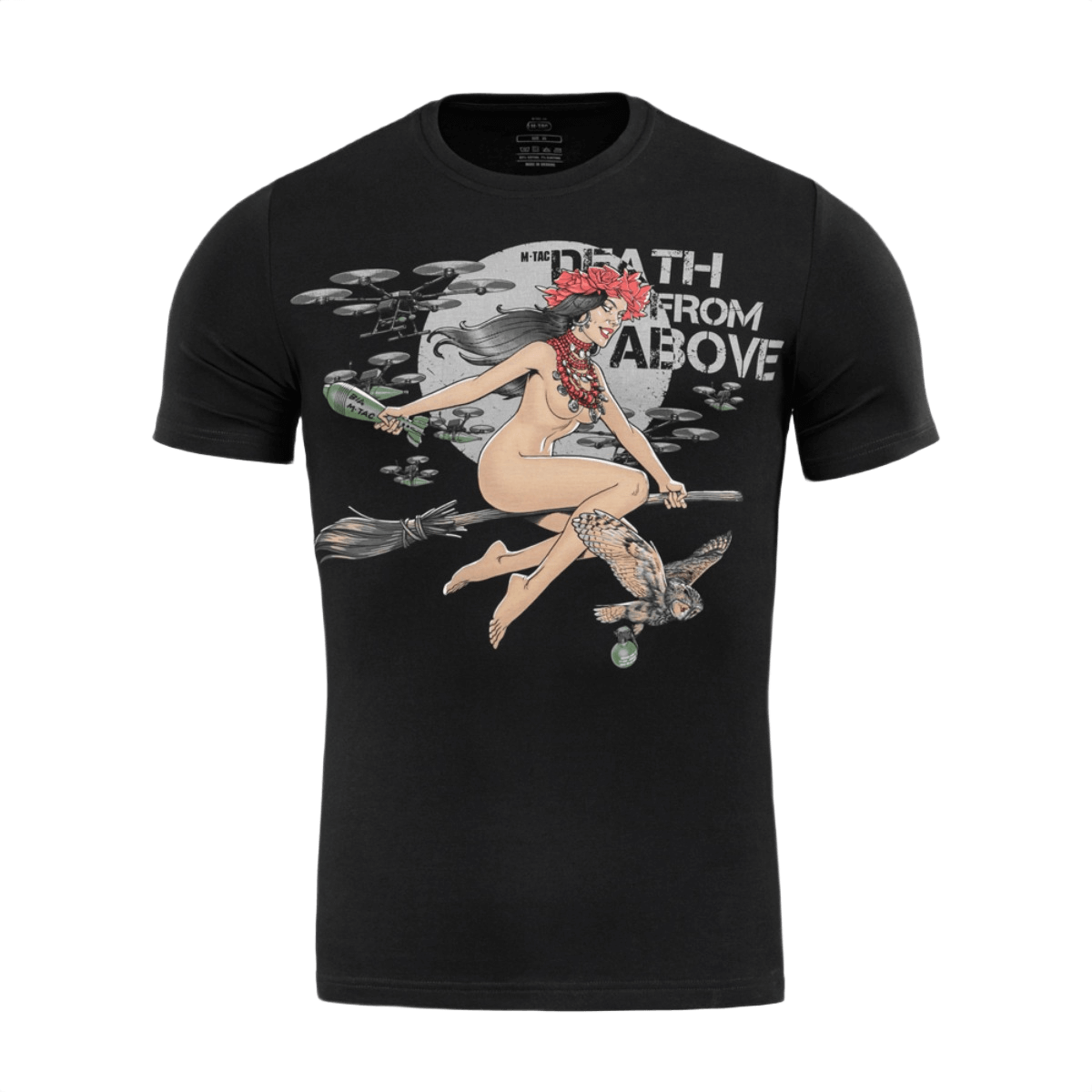 M-Tac T-Shirt Death From Above med hekse- og droneprint, sort design kombinerer ukrainsk folklore og militært tema, MagnaColours® blæk.