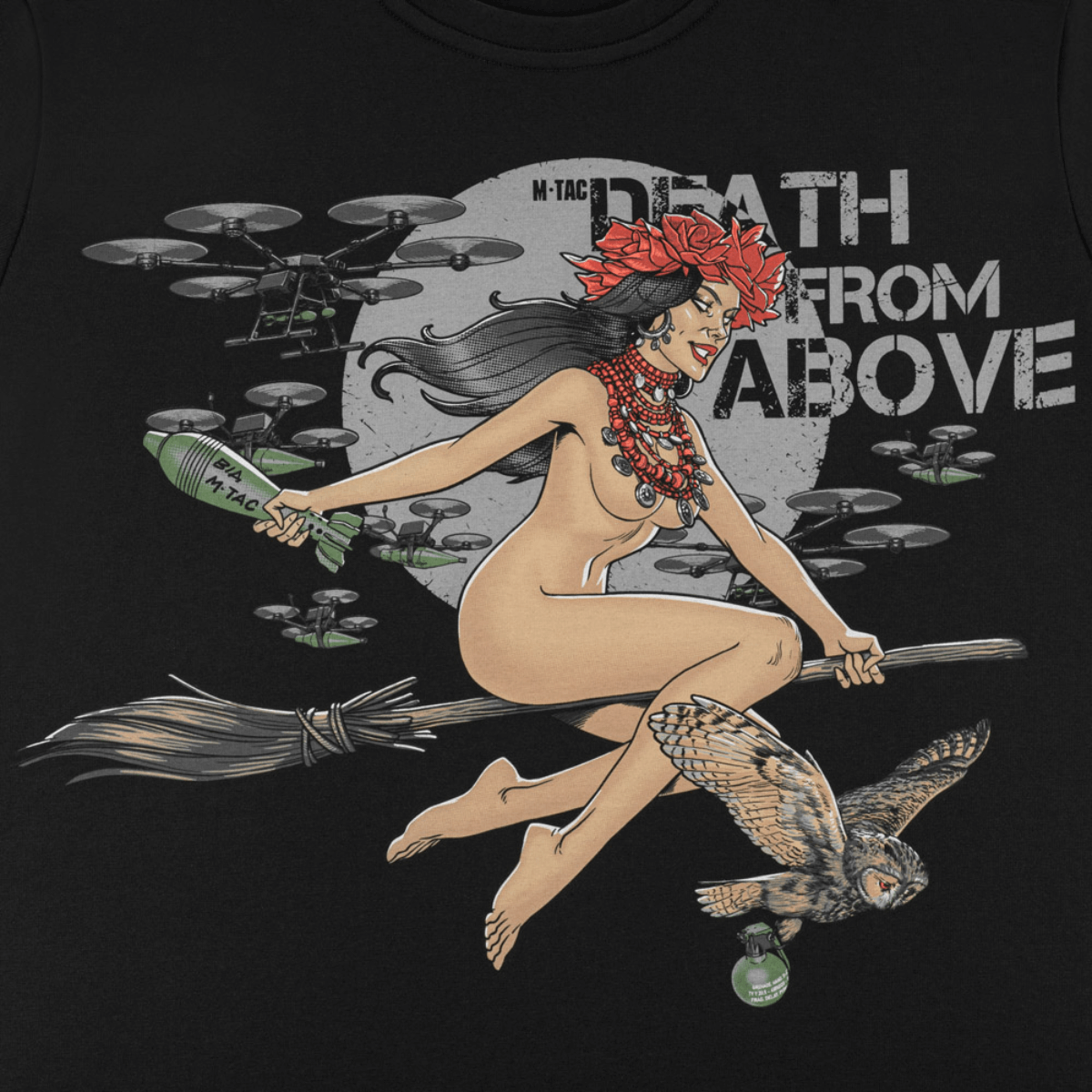 M-Tac T-Shirt Death From Above med heksefigur, droner og en ugle i moderne militært design.