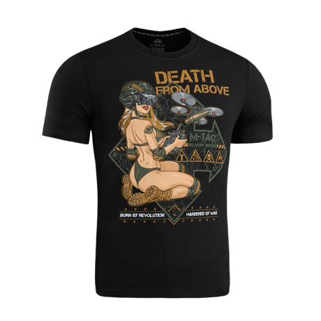 M-Tac T-Shirt Delivery Service med pin-up pige og drone-design, inspireret af amerikansk WWII-kultur, tekst 'Death from Above'.