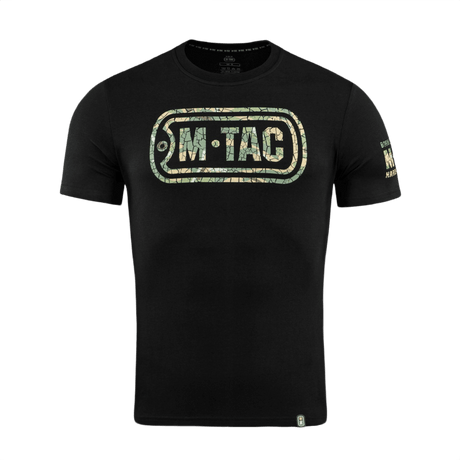 M-Tac T-Shirt Logo med camouflage og ikonisk branddesign, slogan på ærmet "Born by Revolution – Hardened by War".