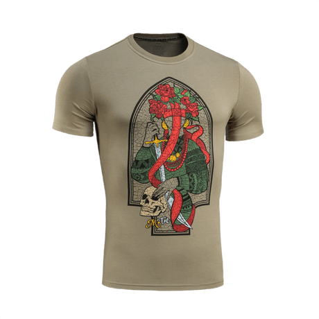 M-Tac T-Shirt Motanka med moderne design og traditionelt ukrainsk print af Motanka-dukke og tekst 'M-TAC. Terra Cosaccorum'.
