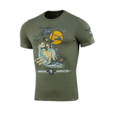 M-Tac T-Shirt Surf Club - grøn t-shirt med surfende soldat og helikoptere, inspireret af krigsfilm og specialoperationer, premium print