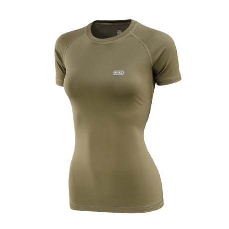 M-Tac T-shirt Ultra Light Polartec Lady i olivenfarve, perfekt til løb og træning, hurtigttørrende Power Dry® materiale, reflekterende logo.
