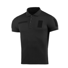 M-Tac Tactical Polo Shirt 65/35 i sort med velcro-paneler til politiet og sikkerhedspersonale for komfort og bevægelsesfrihed.
