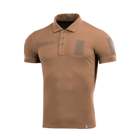 M-Tac Tactical Polo Shirt 65/35 i brun, velegnet til politi og sikkerhed, med velcro-paneler til patches, 65% bomuld og 35% polyester.