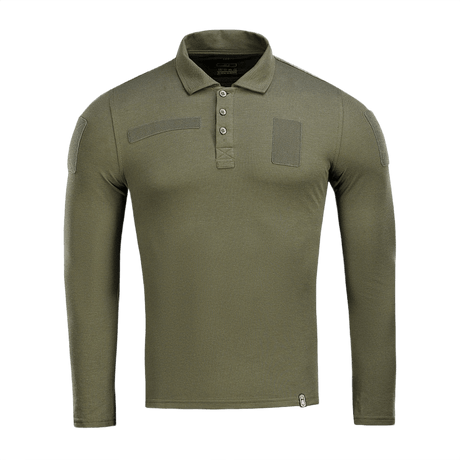 M-Tac Tactical Polo Shirt Langærmet 65/35 i olivengrøn med velcro-paneler designet til politi og sikkerhedsarbejde.