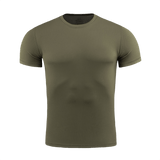 M-Tac Tactical Sweat-Wicking T-Shirt Summer i olivengrøn, designet til varme sæsoner, 100% polyester, svedtransporterende, hurtigtørrende.
