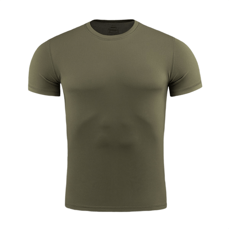 M-Tac Tactical Sweat-Wicking T-Shirt Summer i olivengrøn, designet til varme sæsoner, 100% polyester, svedtransporterende, hurtigtørrende.
