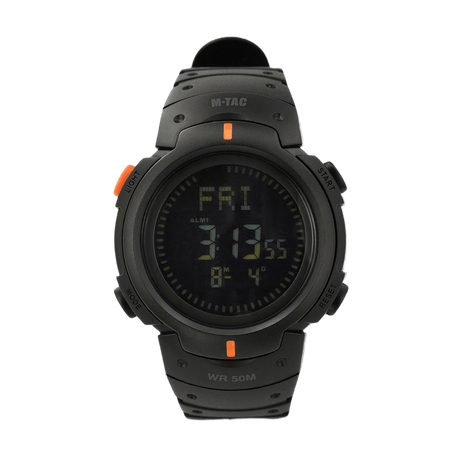 M‑Tac Taktisk Compass Ur med elektronisk kompas, stopur, alarm og vandtæt design, ideel til udendørs aktiviteter.