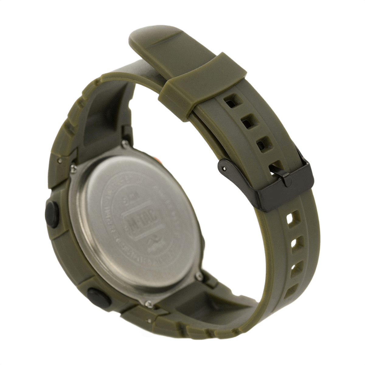 Bagside af M‑Tac Taktisk Compass Ur med grøn gummirem og metalhus.