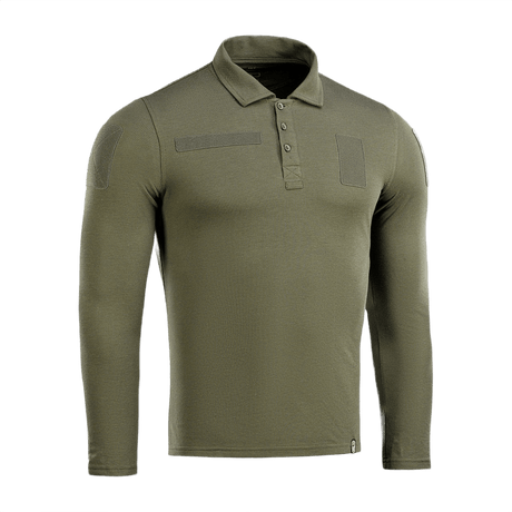 M-Tac Tactical Polo Shirt Langærmet 65/35 i olivengrøn til politi og sikkerhedsbrug, med velcro-paneler til patches.