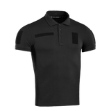 Sort M-Tac Tactical Polo Shirt 65/35 med velcro-paneler til patches og ID, designet til politi- og sikkerhedsarbejde, lavet af bomuld og polyester.