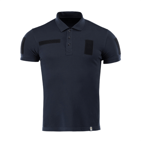 M-Tac Tactical Polo Shirt 65/35 i mørkeblå med velcro-paneler, ideel til politi og sikkerhedsarbejde, lavet af 65% bomuld og 35% polyester.