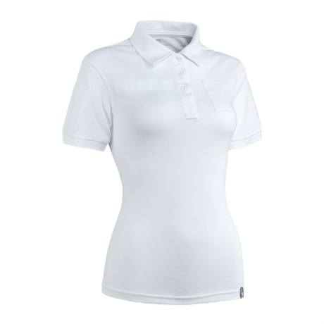 M-Tac Tactical Polo-Shirt 65/35 Lady til kvinder i hvid, lavet af komfortabel bomulds-polyester blanding med velcro på ærmer, bryst og ryg.
