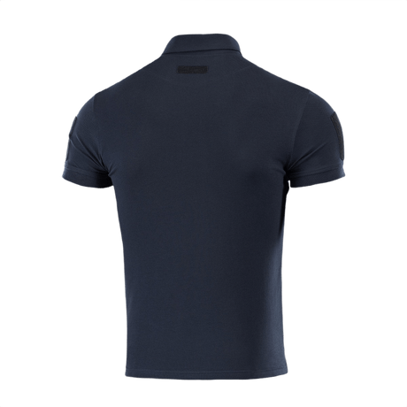 M-Tac Tactical Polo Shirt 65/35 i mørkeblå, set bagfra, designet til politi og sikkerhed, med velcro-paneler til ID.