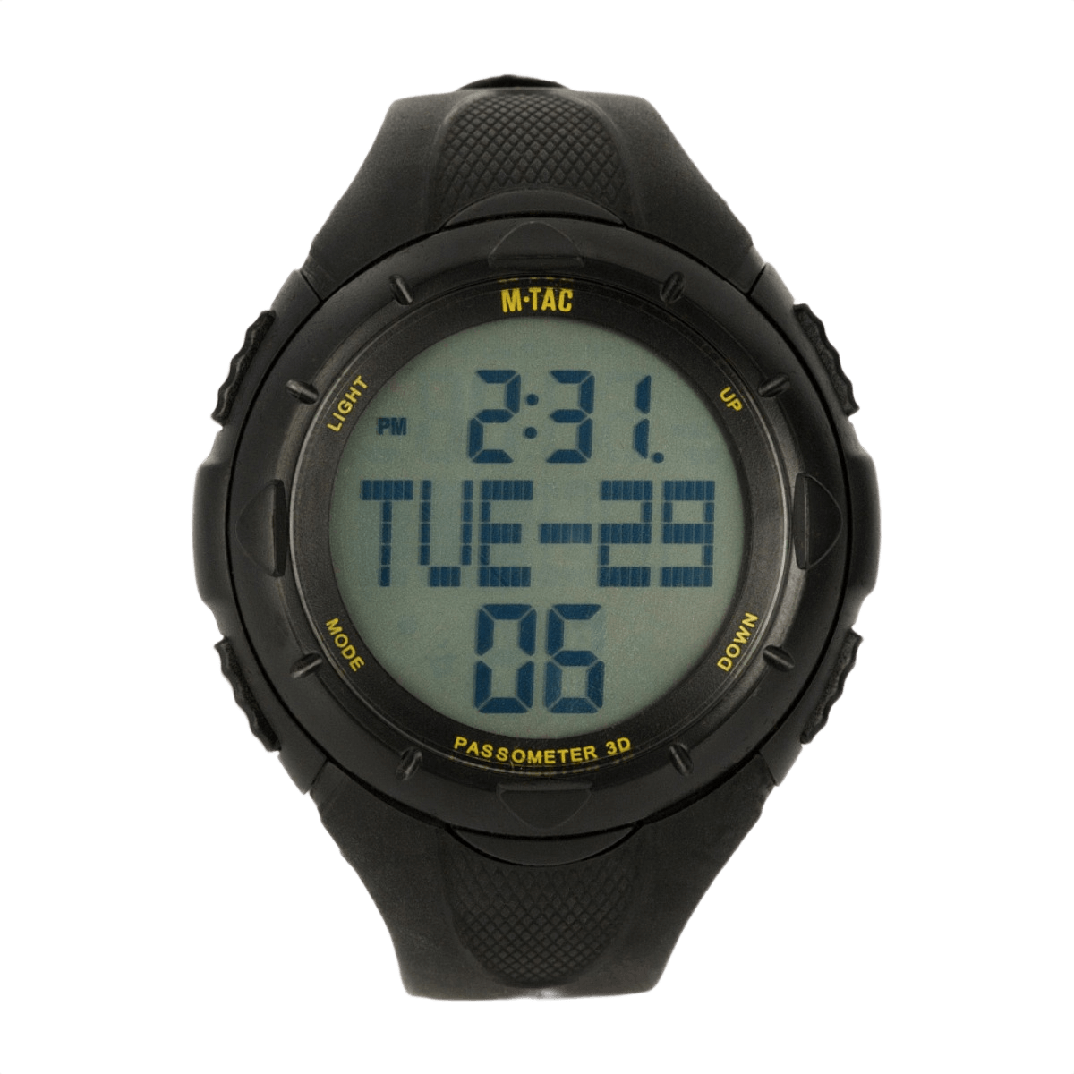 M‑Tac Taktisk Ur med Pedometer - sportsur med step og kalorietæller, vandtæt design, sort digital display.