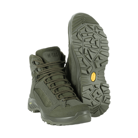 M-Tac Taktiske Demi-Season Støvler Pro Line i grøn med suedeskaft og Vibram-sål, ideel til taktiske opgaver og friluftsliv.