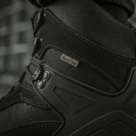 M-Tac Taktiske Demi-Season Støvler Pro Line i close-up, viser detaljer med slidstærkt suede og Cordura-materiale, perfekt til taktiske opgaver.