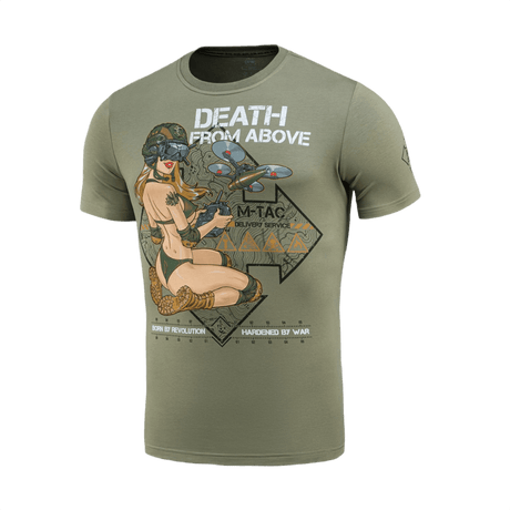 M-Tac T-Shirt Delivery Service med Pin-Up print og "Death from Above" tekst, grøn bomulds T-shirt inspireret af Anden Verdenskrig