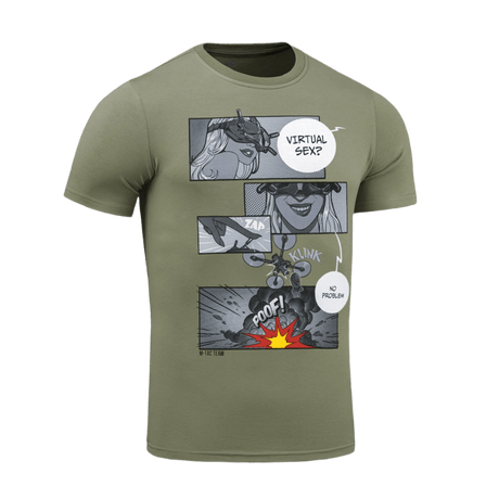 M-Tac T-Shirt Comics Drone Girl i olivenfarve med detaljeret droneoperatør comic-print, lavet af 93% bomuld og 7% elastan.