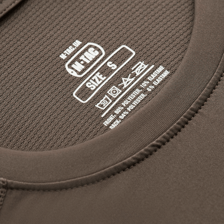 M-Tac Ultra Vent Kortærmet termot-shirt i brun med fokus på materialet og vaskemærket, egnet til træning og udendørs aktiviteter.