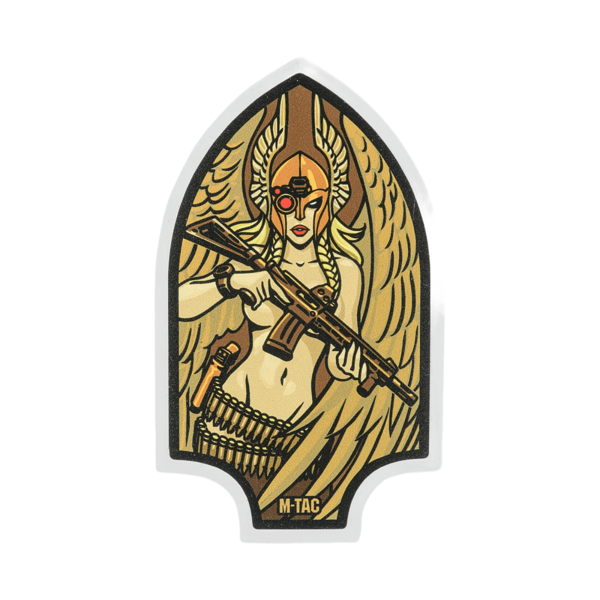 M-Tac Sticker Valkyrie med krigsgudinde, normannisk hjelm og M4 gevær, formet som Arrowhead patch fra 2. verdenskrig.