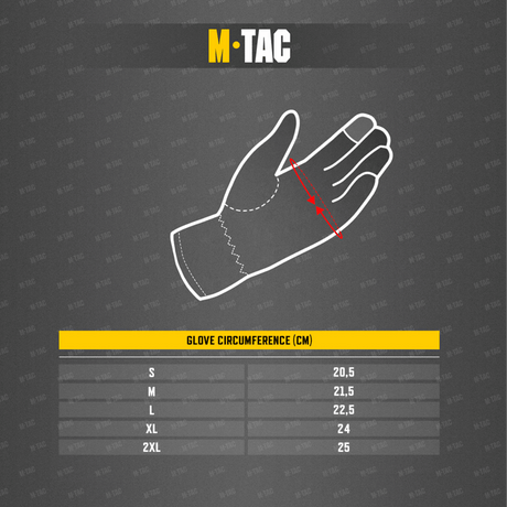 Størrelsestabel for M-Tac Vinterhandsker Soft Shell, der viser handskens omkreds i cm. Ideel til at finde din rette størrelse.