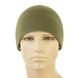 M-Tac Watch Cap Elite Fleece Beanie Hat Slimtex i olivengrøn på mannequin, let og varm hue i fleece til taktisk brug og vinteraktiviteter.