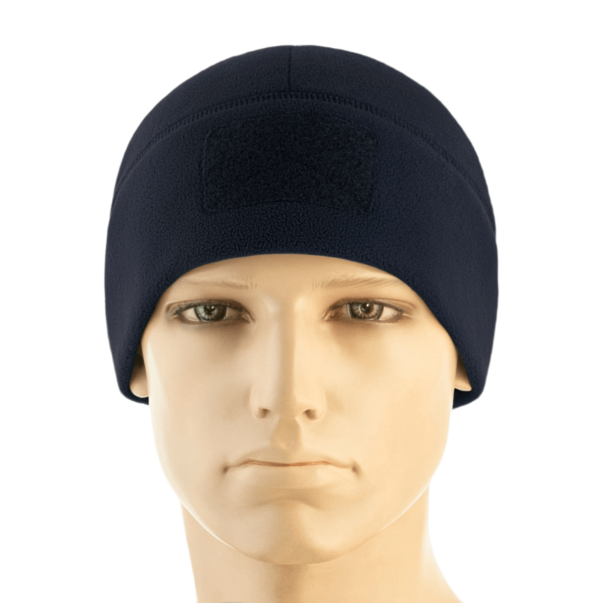 M-Tac Watch Cap Elite Fleece Beanie Hat Velcro i navy blå, ideel til koldt vejr og taktisk brug, med velcro-panel til identifikation.