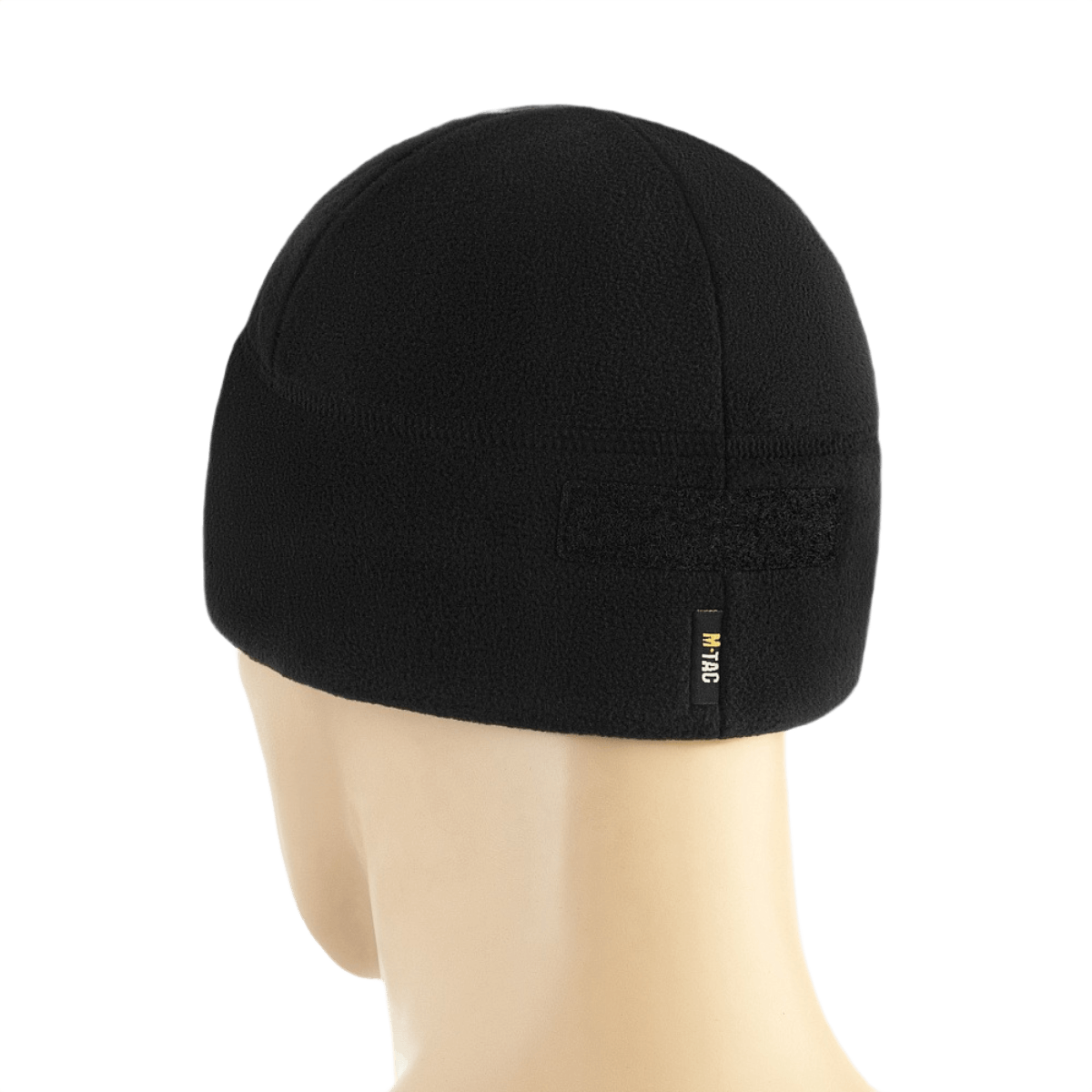 M-Tac Watch Cap Elite Fleece Beanie Hat Velcro til taktisk brug, fleece materiale, god slidstyrke. Sort hue vist på mannequin. Perfekt til koldt vejr.