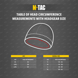 M-Tac Watch Cap 100% Akryl størrelsesguide med hovedomkreds og hue størrelse, inklusiv diagram og mål for Caps og Baseball Caps.