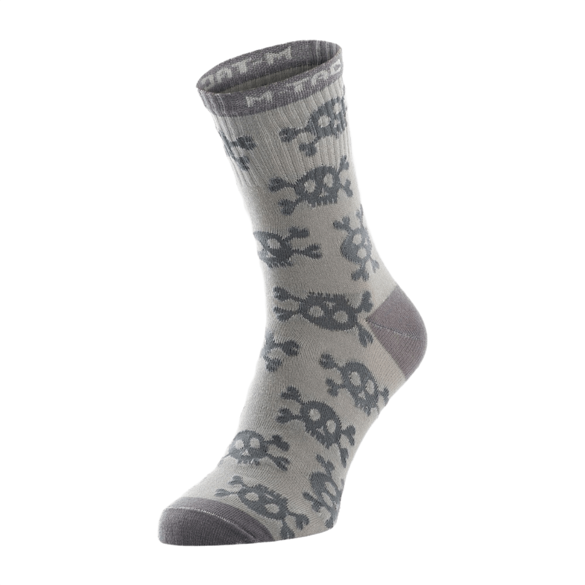 M-Tac Letvægtssokker Mk.3 Pirate Skull til trekking og hverdagsbrug, åndbar og ergonomisk design, grå sokker med dødningehovedprint.