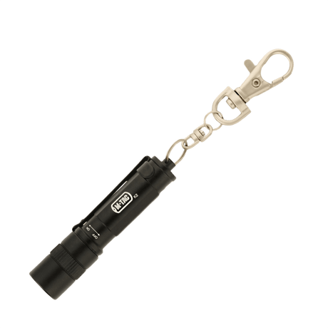 M-Tac Lommelygte K2 med nøglering, kompakt LED-lommelygte til EDC-kit, op til 90 lumen, i aluminiumslegering. Stød- og vandresistent.