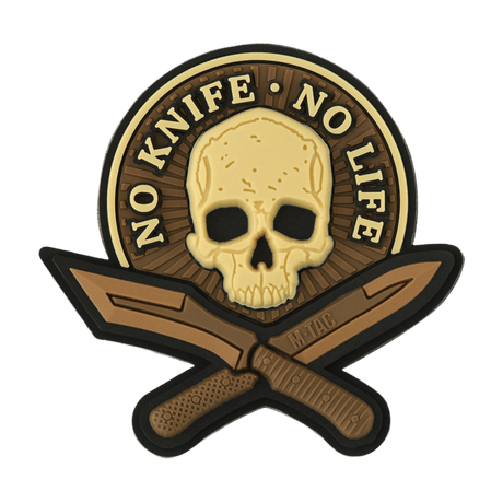 M-Tac Patch No Knife – No Life 3D PVC taktisk morale patch med kranie og knive, perfekt til uniform eller udstyr, 50 x 50 mm gummi med velcro.