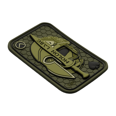 M-Tac Patch Molon Labe 3D PVC, taktisk patch inspireret af 300 spartanere, grøn gummi med velcro, perfekt til uniform eller rygsæk.