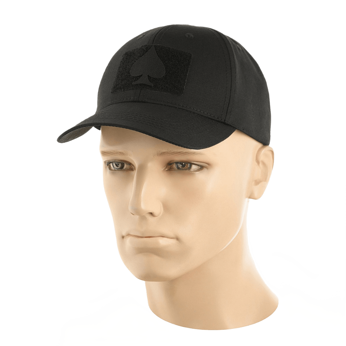 Sort kasket med "Ace of Spades" patch, M-Tac Patch Spades Laser Cut, perfekt til militær og taktisk brug.